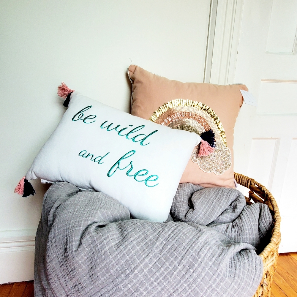 2 Pc Decorative Girls Throw Pillow Set 'Gold Beaded Rainbow' & 'Be Wild & Free'